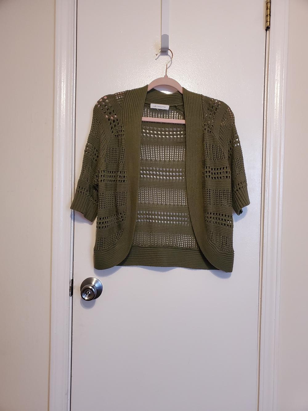 Liz Claiborne Olive Open-Knit Short Sleeve Cardigan